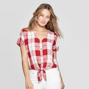 Universal Thread V-Neck Red Plaid Short Sleeve Top